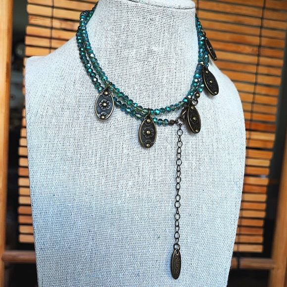 Plunder Brand Faceted Glass Green  Aurora Borealis Beads Brass Necklace - Picture 1 of 16